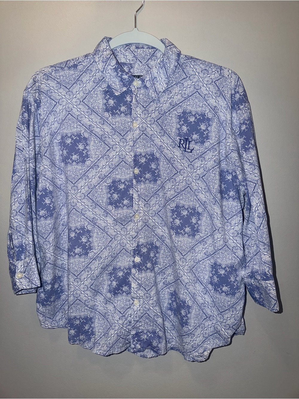 Lauren Ralph Lauren Blue and White Paisley Tile Button-Down Preppy Shirt